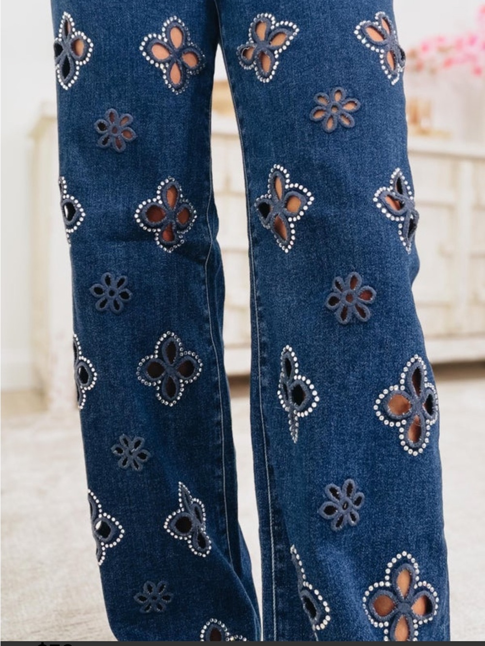 Embellished Dark Blue Wide Leg Jeans with Floral Cutouts